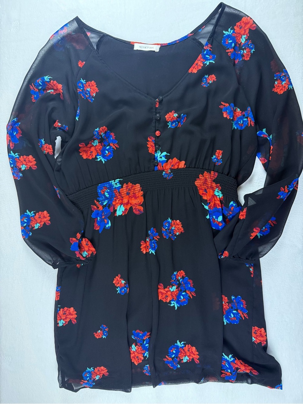 MINKPINK Black Red Blue Floral Chiffon Long Sleeve Smocked Waist Mini Dress L - Picture 2 of 7